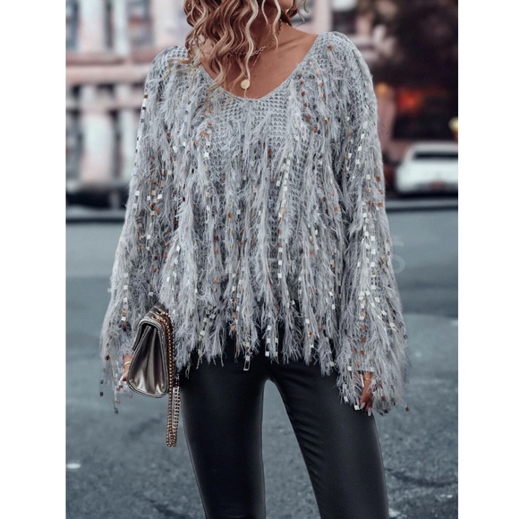 Fun Fuzzy Embellished Pullover Sweater V-Neck Grey - Picture 5 of 11